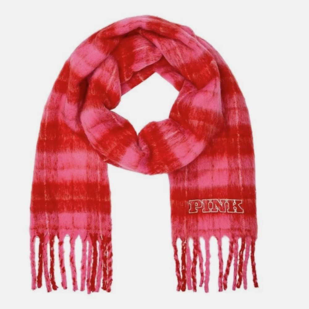Victoria's Secret PINK Cozy Blanket Scarf Pink Red Plaid Fringe Winter Wrap NWT